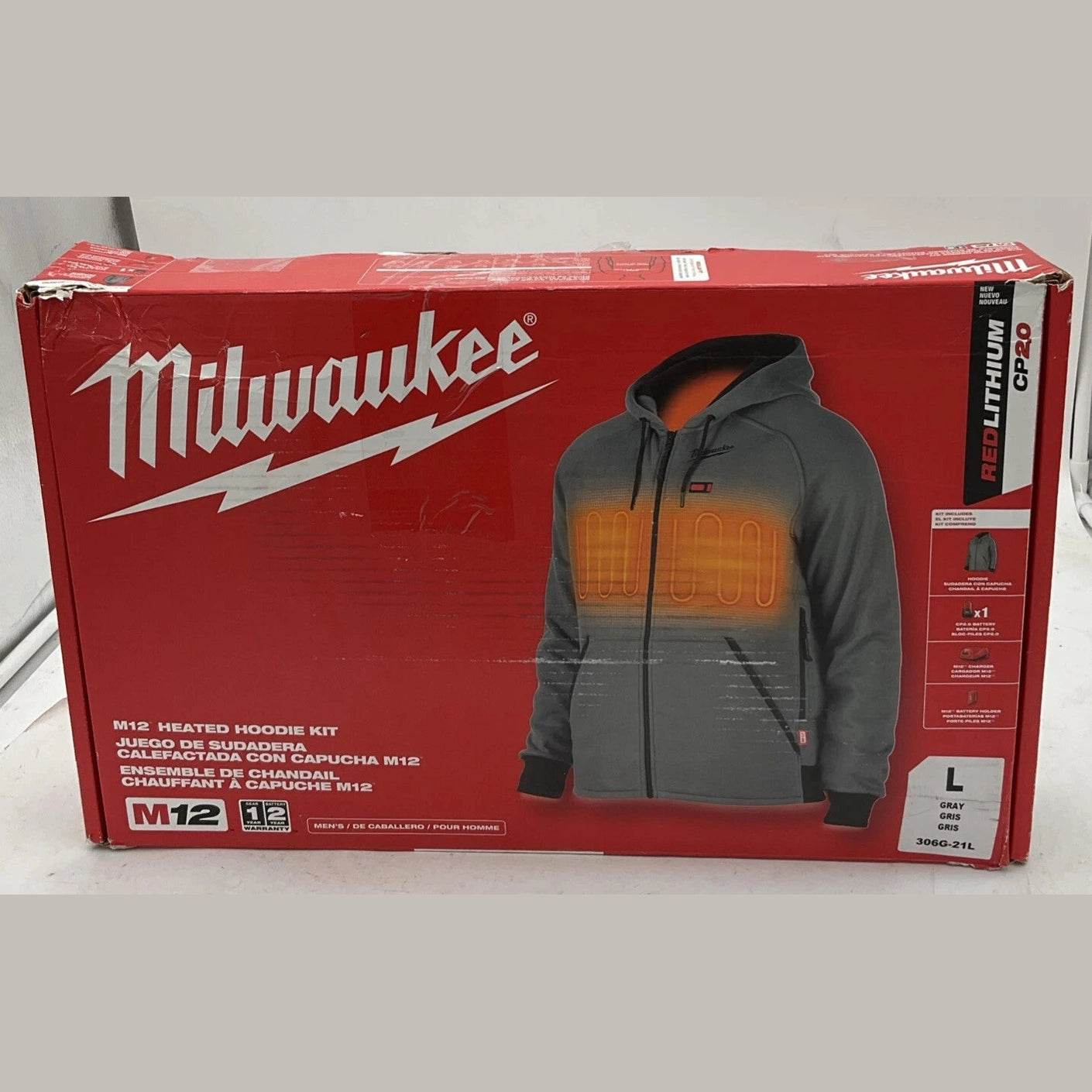 NEW Milwaukee 306G-21L M12 12V Durable Carbon Fiber Heated Gray Hoodie Kit - X-Large.