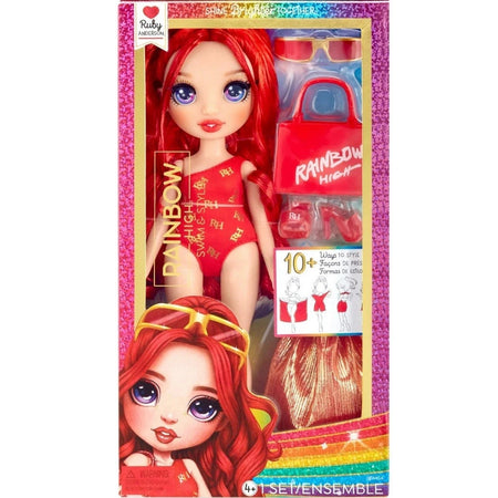 new sealed Rainbow High Swim & Style Ruby, Red 11" Fashion Doll with Shimmery Wrap.