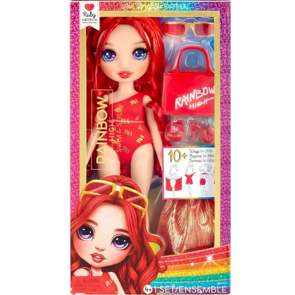 new sealed Rainbow High Swim & Style Ruby, Red 11" Fashion Doll with Shimmery Wrap.