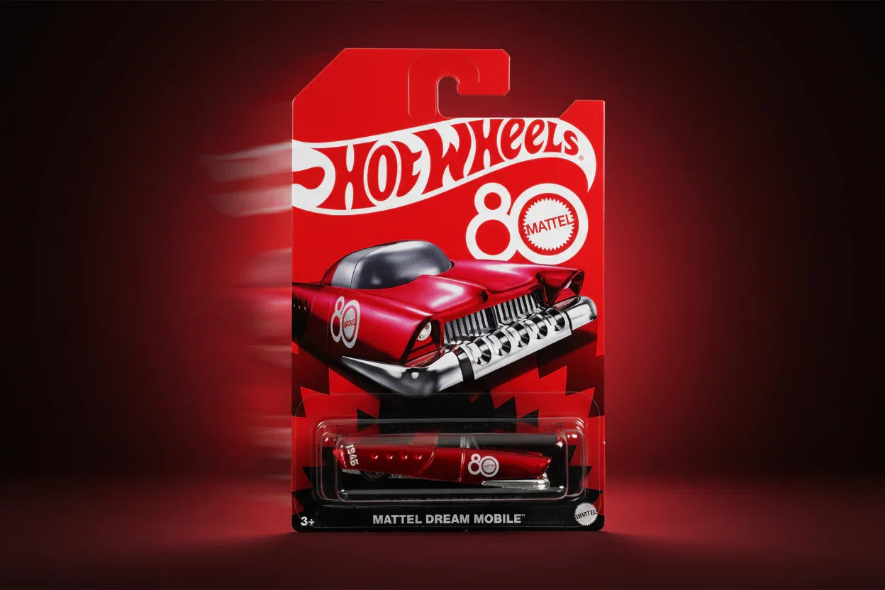 Hot Wheels 80s-themed packaging with a red car model on a dark red background