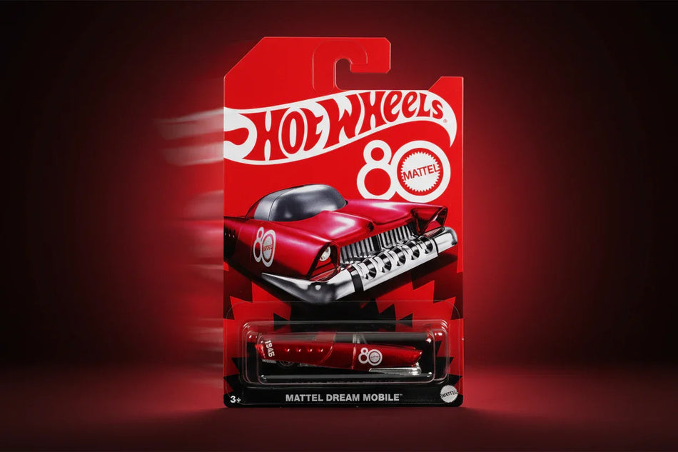 Hot Wheels 80s-themed packaging with a red car model on a dark red background