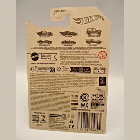 Back of a Hot Wheels toy car packaging with branding and text.
