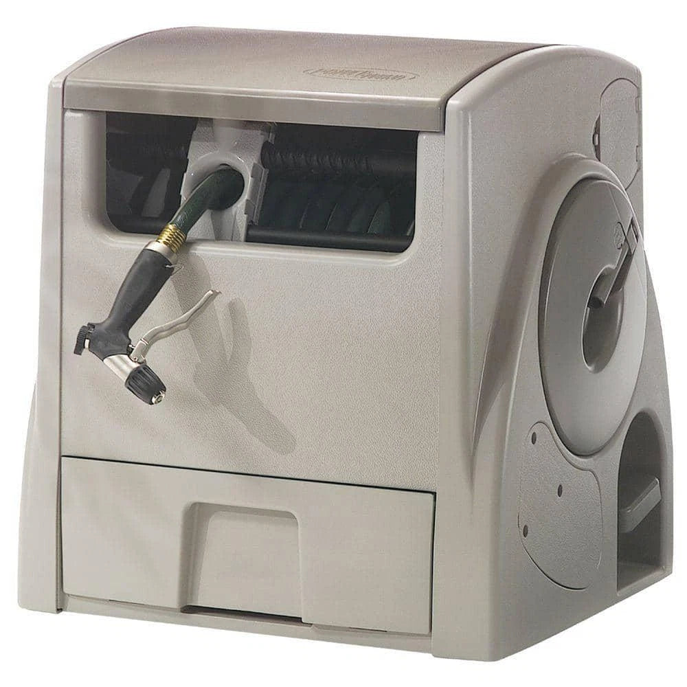 USED Suncast 100 ft. Powerwind Automatic Rewind Hose Reel Battery-powered Container.