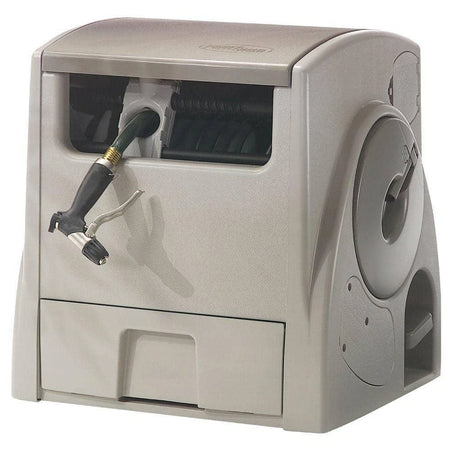 USED Suncast 100 ft. Powerwind Automatic Rewind Hose Reel Battery-powered Container.