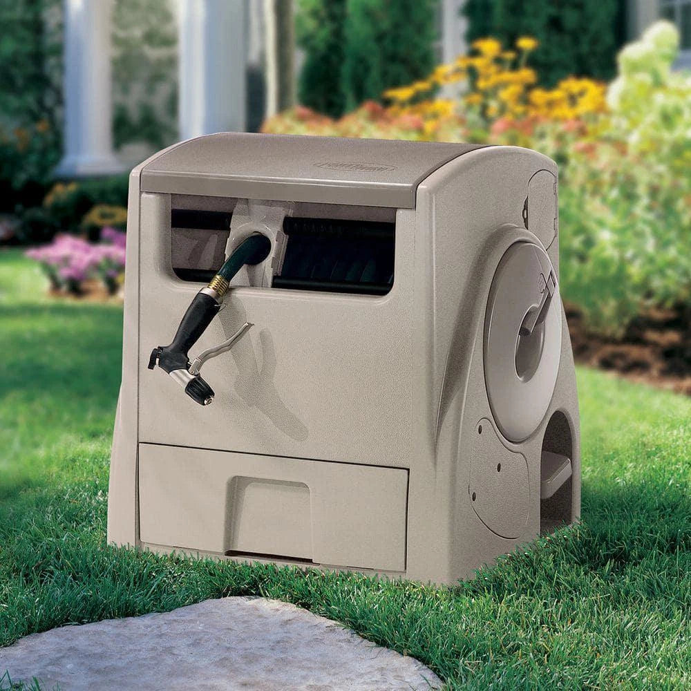 USED Suncast 100 ft. Powerwind Automatic Rewind Hose Reel Battery-powered Container.