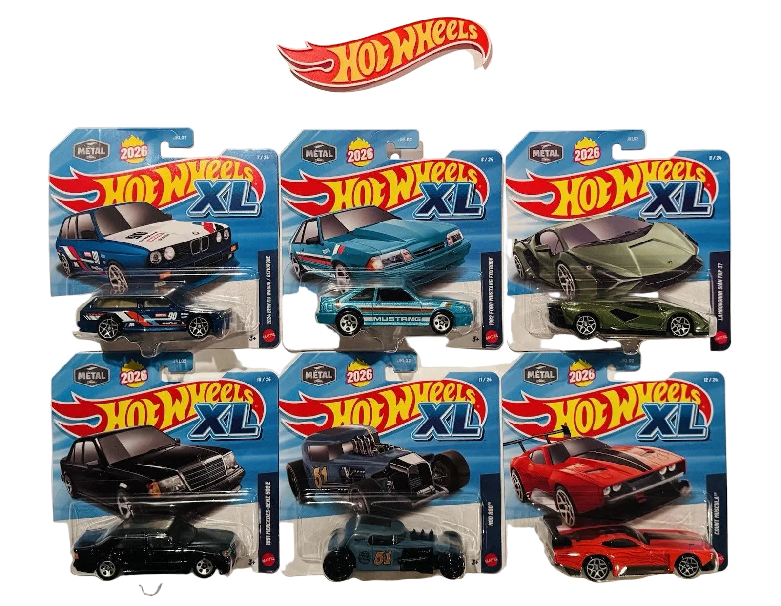 Hot Wheels toy car packages on a beige background with the Hot Wheels logo above.