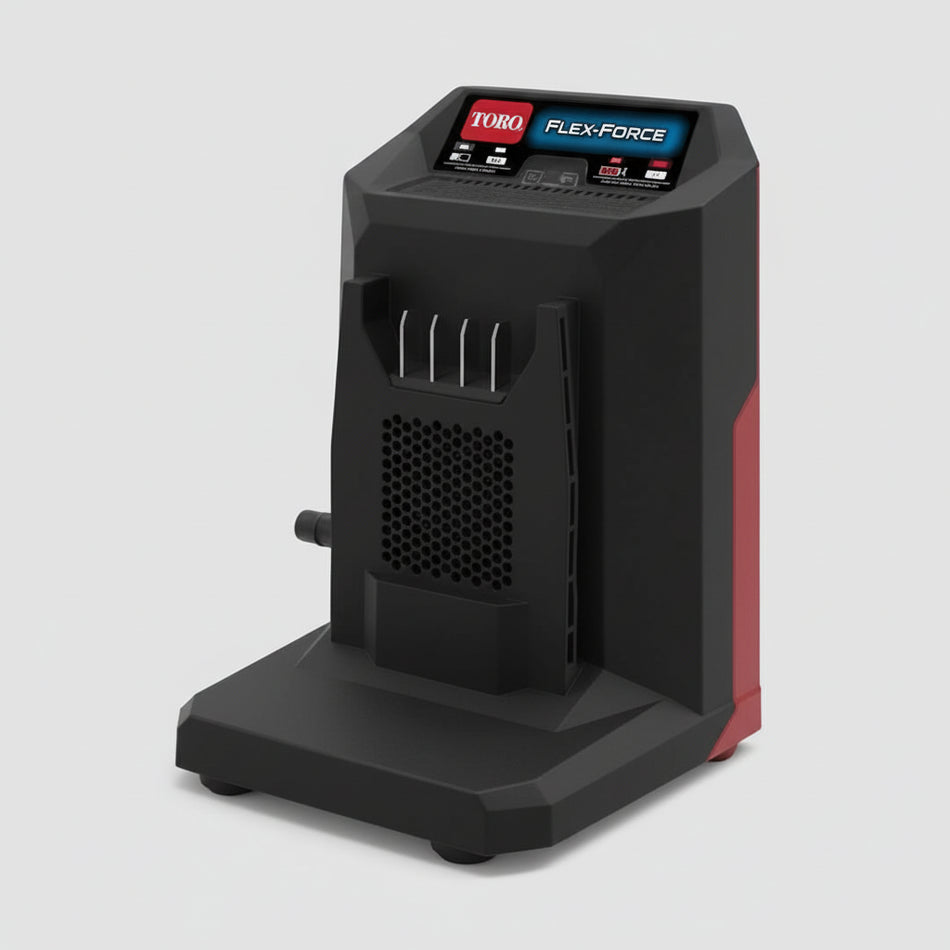 Black and red heating device with digital display on a white background