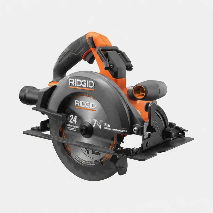 Ridgid circular saw with 'Brushless' text on a white background