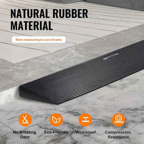 Black rubber strip on a marble floor with text about natural rubber material and its benefits.