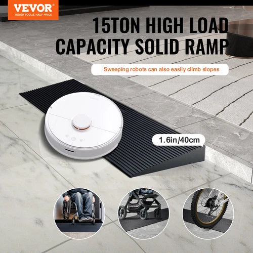 Robotic vacuum cleaner on a ramp with Vevor branding and text about high load capacity.
