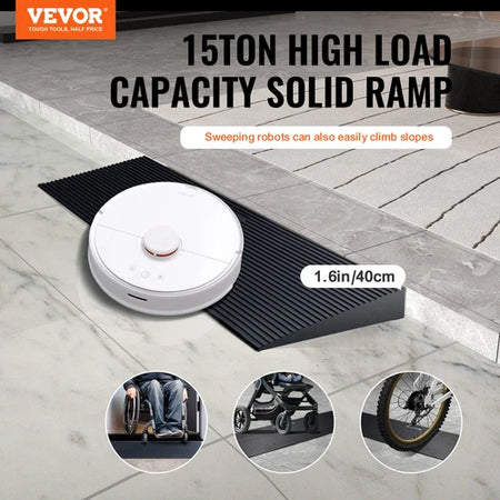 Robotic vacuum cleaner on a ramp with Vevor branding and text about high load capacity.