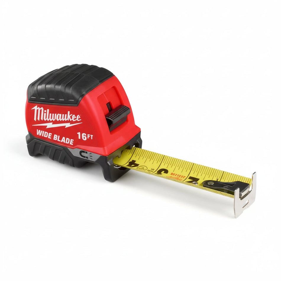 Milwaukee tape measure with red casing and yellow measuring tape on a white background