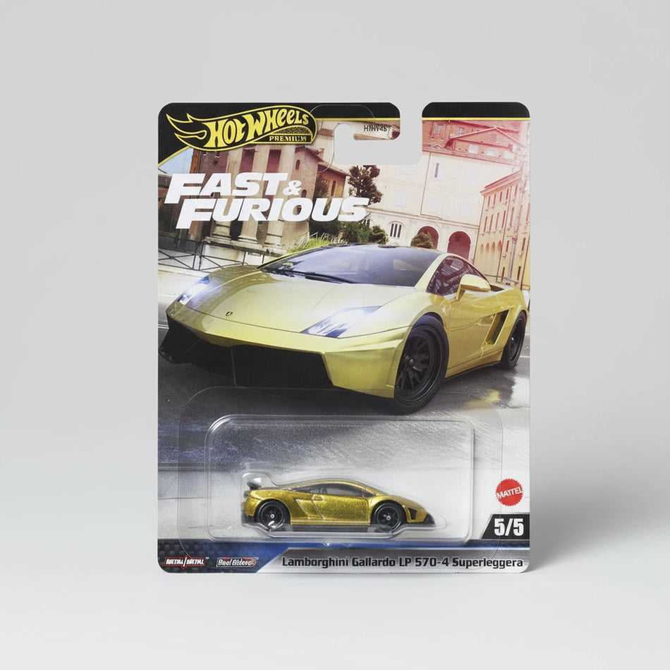 Hot Wheels Lamborghini Gallardo toy car in packaging with 'Fast & Furious' branding.