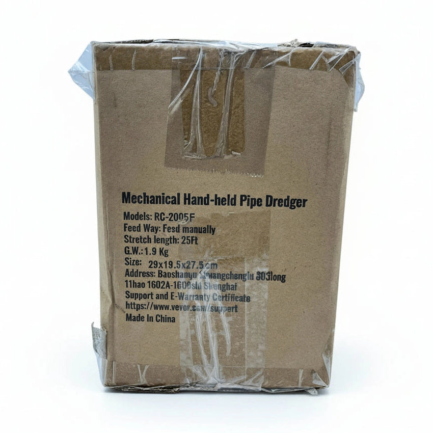 Cardboard box packaging for a mechanical hand-held pipe dredger with text on it.