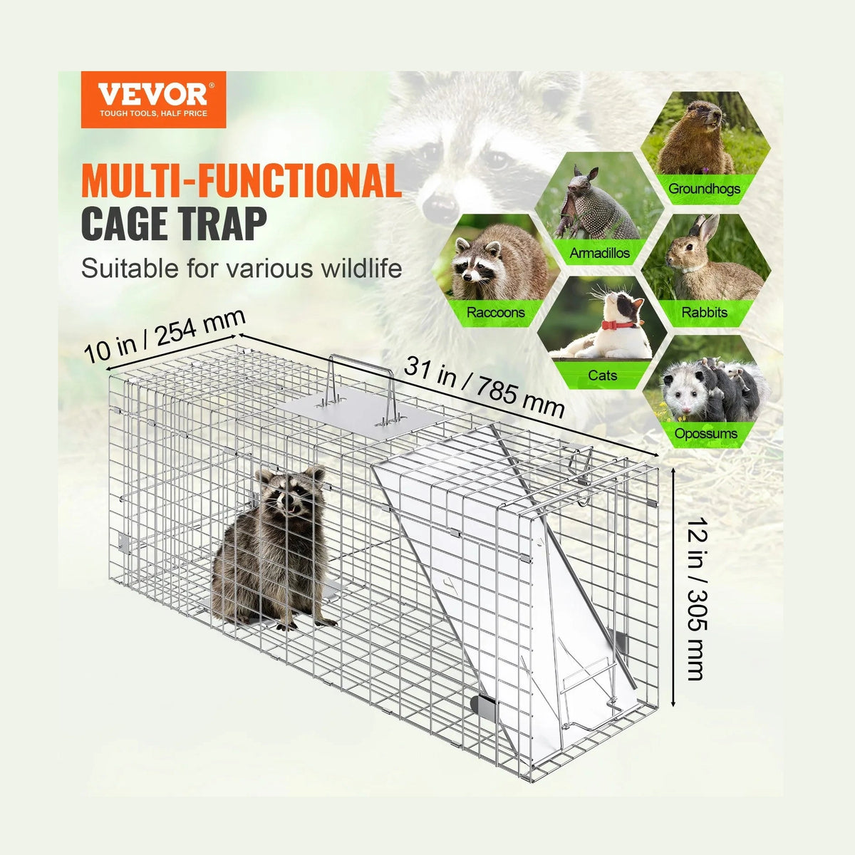 VEVOR Live Animal Cage Trap, 31" x 10" x 12" Humane Cat Trap Galvanized Iron, Folding Animal Trap with Handle for Rabbits, Stray Cats, Squirrels, Raccoons, Groundhogs and Opossums