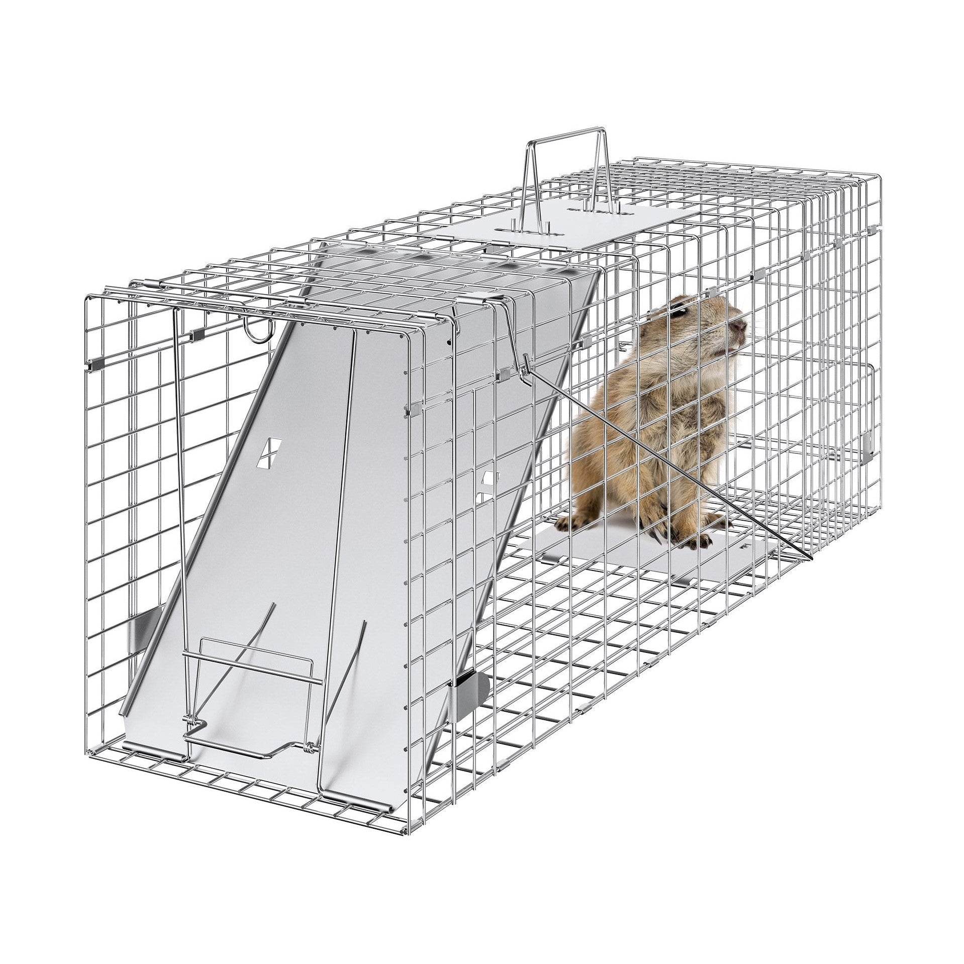 VEVOR Live Animal Cage Trap, 31" x 10" x 12" Humane Cat Trap Galvanized Iron, Folding Animal Trap with Handle for Rabbits, Stray Cats, Squirrels, Raccoons, Groundhogs and Opossums